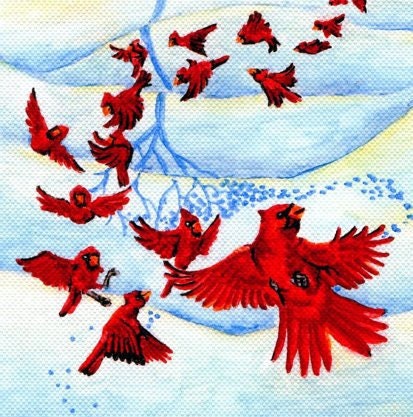 Cardinals Card, Winter Snow, 5x7 Art Print