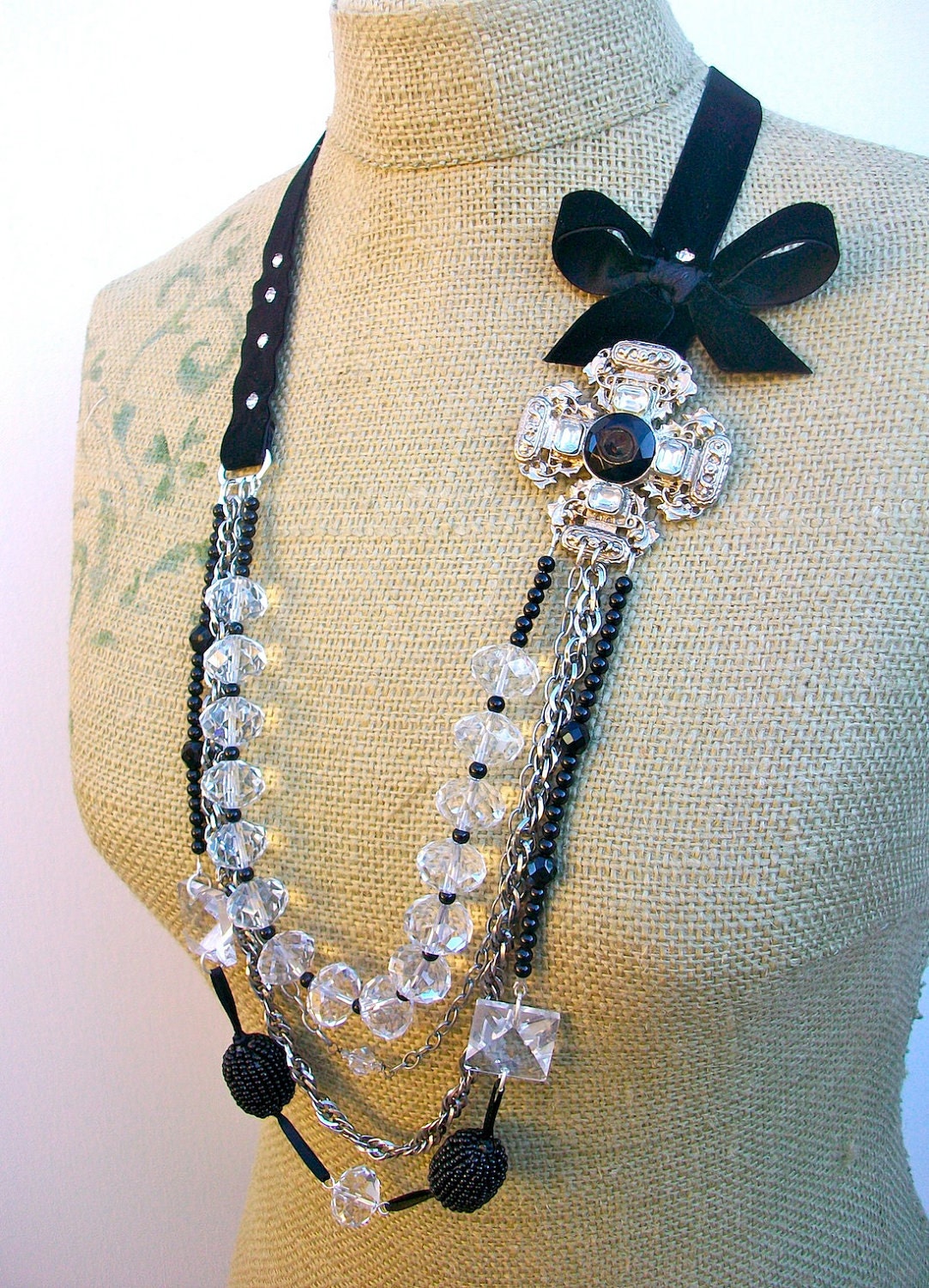 Black Velvet- Long fixed necklace with Vintage brooch accent and Vintage Chandelier Crystals