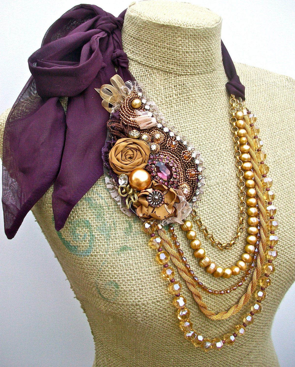Plum Paisley- Luxurious modern heirloom tie necklace with hand beaded/embroidered accent