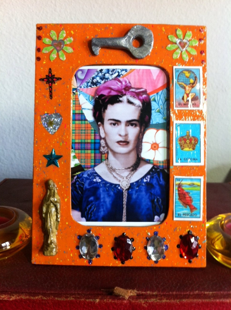 Our Lady of Guadalupe Frida Kahlo loteria key Day of the Dead frame