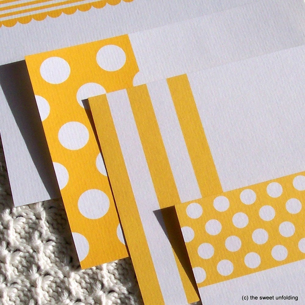 Polka Dots and Stripes Note Cards - Sunshine Yellow and Navy Blue