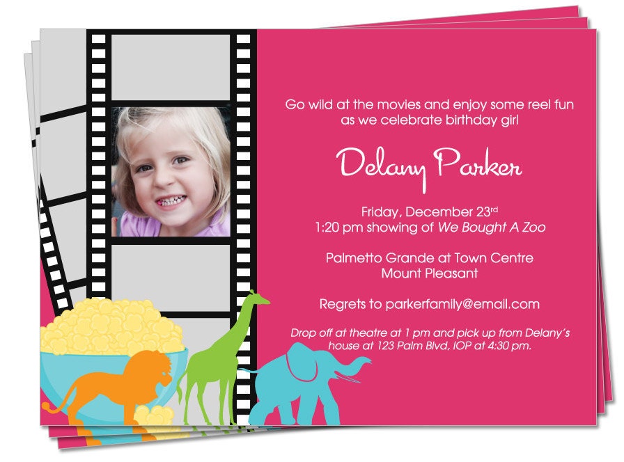 PRINTABLE - Girls Movie Film Strip Photo Birthday Party Invitation (We Bought A Zoo)