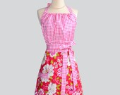 Cute Kitsch Apron - Handmade Modern Design in Figure Flattering Pink Gingham with Tea Darjeeling Raspberry Pink Floral