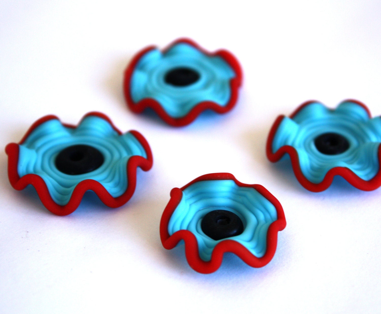 Handmade Lampwork Beads lampwork bead ruffle set  bead set of 4 SRA glass beads Frosted Red Black Turquoise Blue