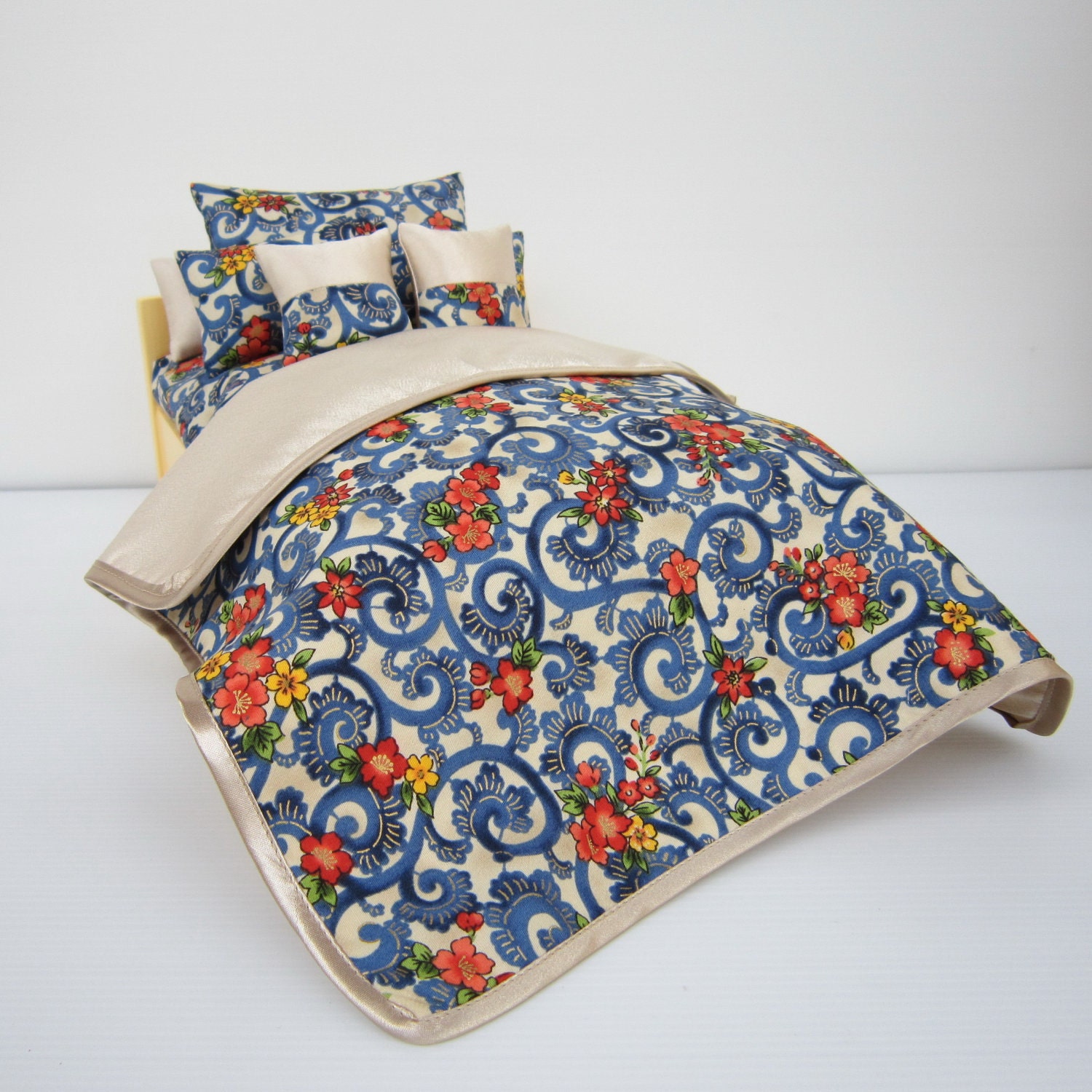 New Floral doll Bedding set Blue Bedspread pillow cushion 12" doll barbie blythe bratz
