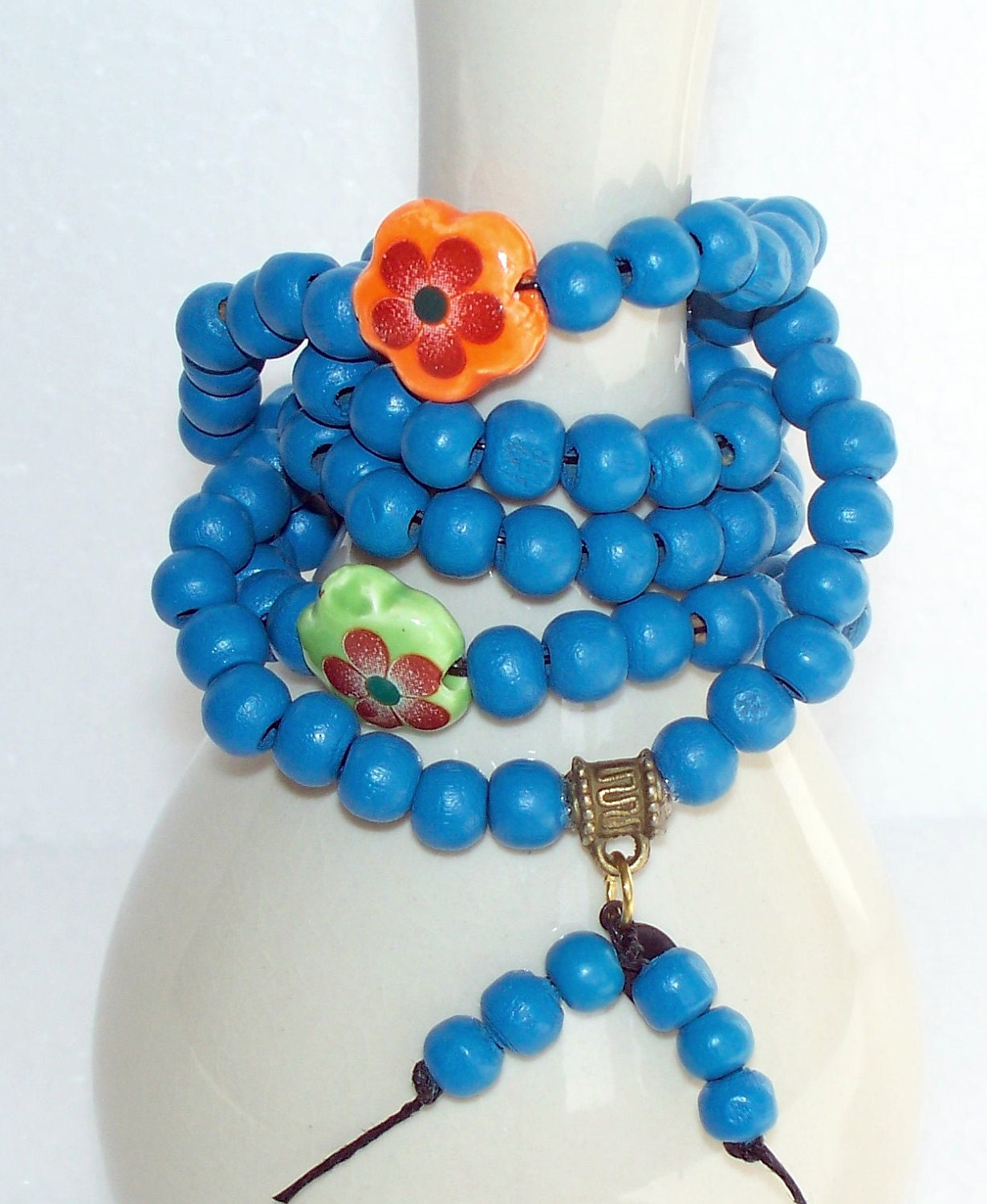 108 Mala Blue with Flower Counters - FREE SHIPPING - MySirenaDesigns