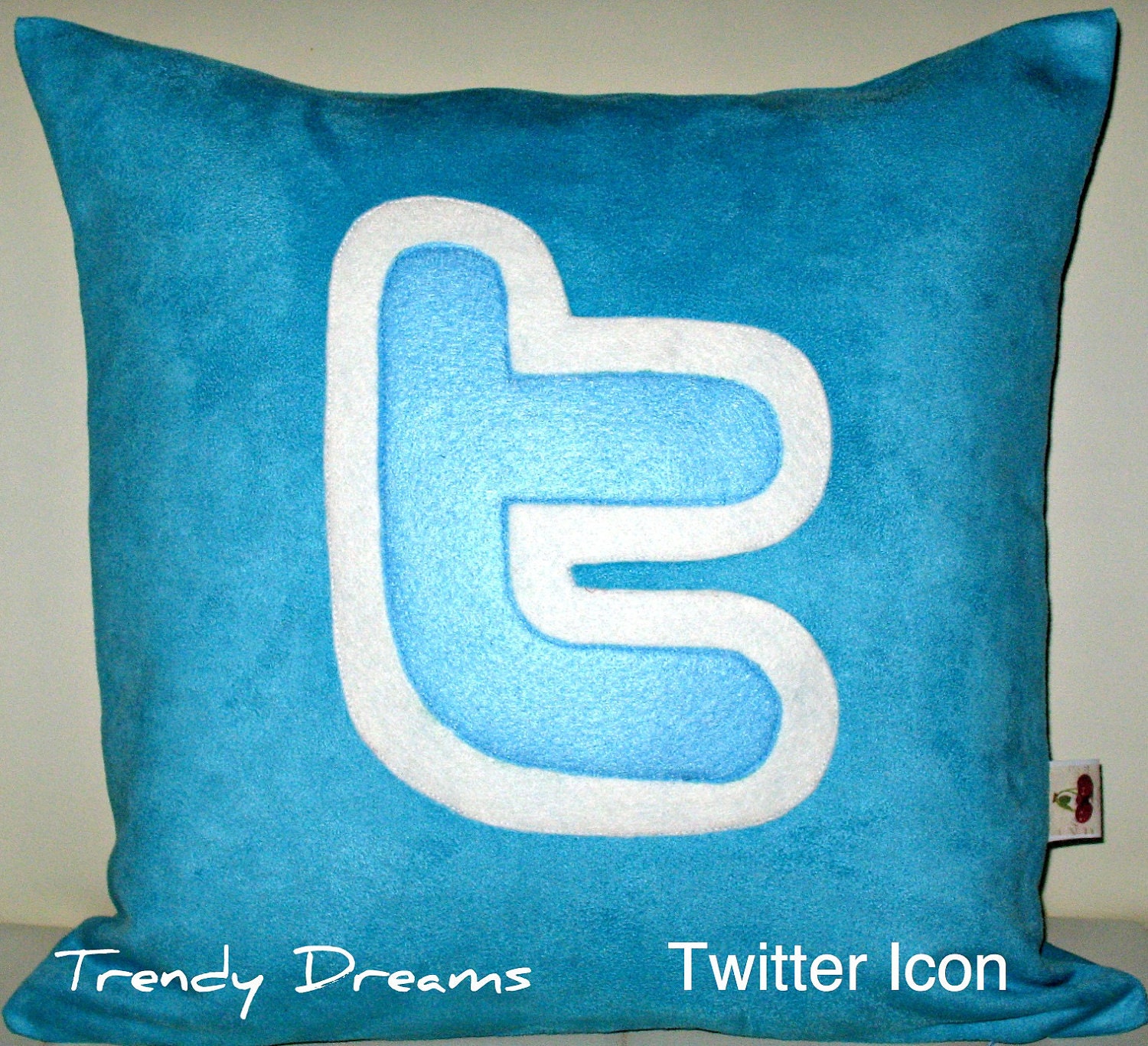 Free US shipping Unique Designer 16x16 Faux Suede Turquoise Pillow Cover with  Twitter  Icon  Applique