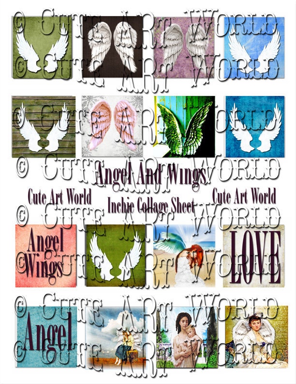 Angels And Wings Set Two Cute Art World Art Card Scrapbooking Journals Soldered Glass Hang Tags Jewelry Collage Sheet 1 1/2 x 1 1/2 inch