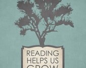Inspirational Reading Art Print with "Reading Helps Us Grow" Distressed Book Tree Design for Teachers Librarians and Literature Lovers
