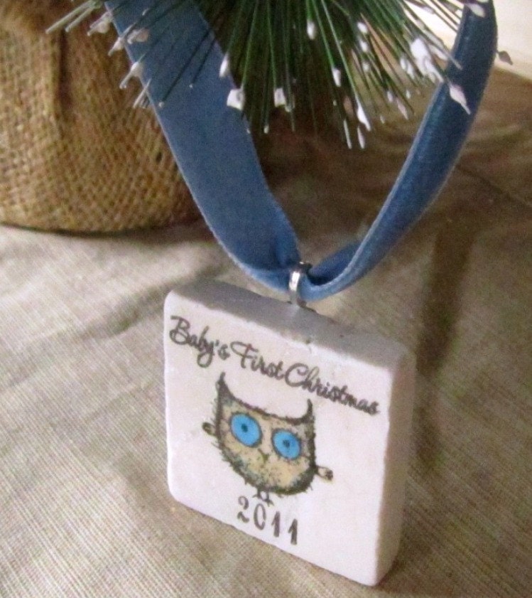 Baby Boy First Christmas Ornament, blue owl, including gift box