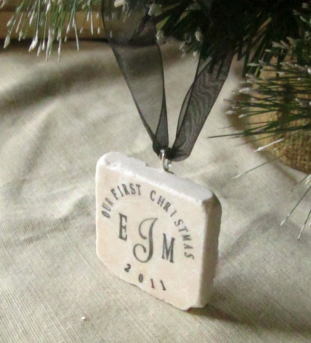 Holiday Ornament, Our First Christmas Ornament, Monogram in Black, including Gift Box