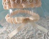 Ivory Satin-Vintage Lace-Rhinestone Garter Set-Destined To Be Your Family Heirloom