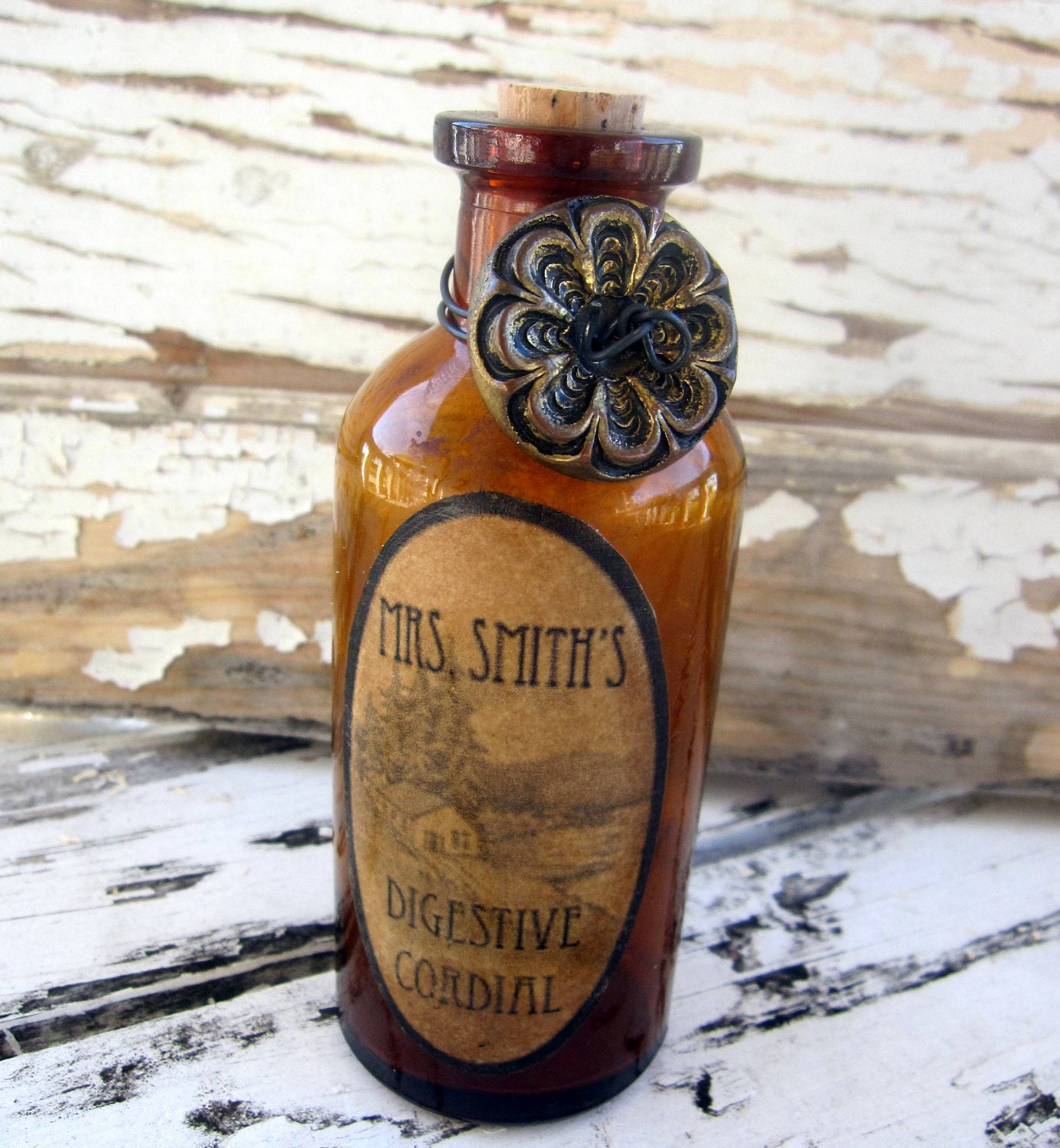 Vintage Brown Bottle, Primitive, Label, Altered, Home Decor, Antique Bottle, cssteam, ofg team