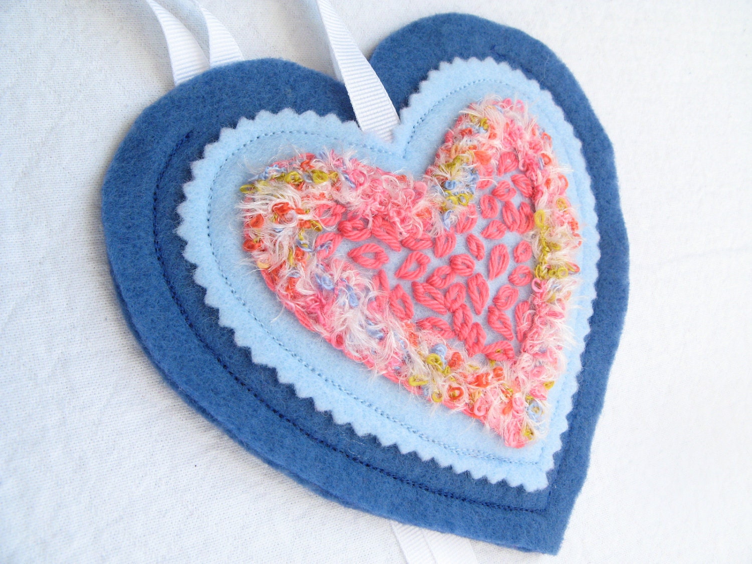 Blue Heart Gift Bag Ornament Coral Peach Felt Embroidery Reusable