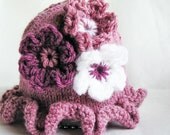 Photo Prop Baby Hat, Ruffle Brim, Crochet Flowers, Washable Acrylic Wool, Dusty Rose, Pink & White - Custom Knit You Choose Size