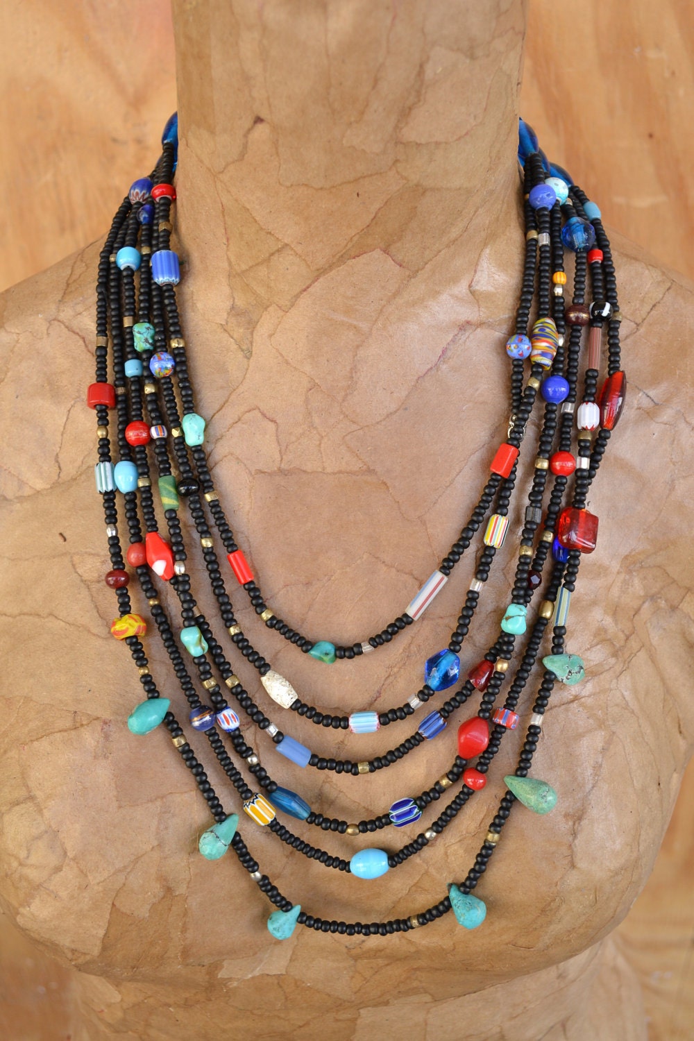 African Indian Inpired Multi-strand Black Necklace