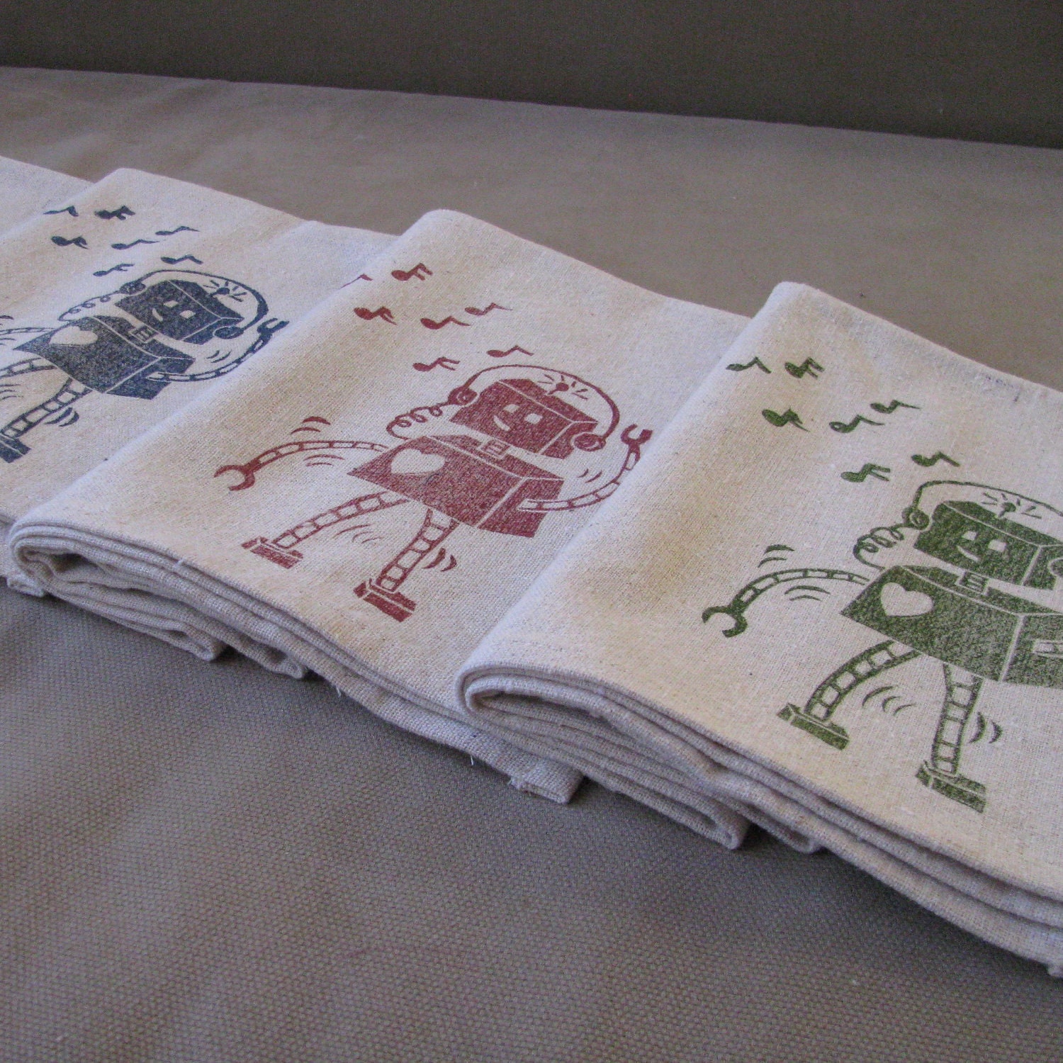 Dancing Robot Cloth Napkins, Set of Four, Lino Cut Block Print