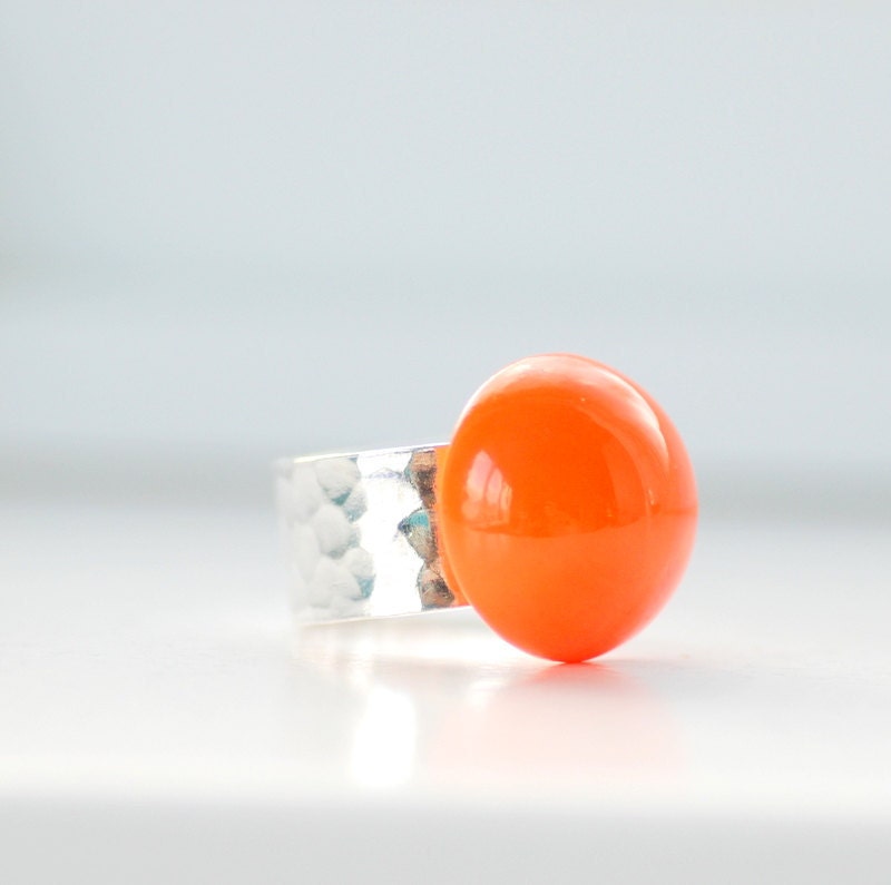 Hammered Silver Ring, Orange Vintage Glass and Sterling Silver Plated, Adjustable Ring
