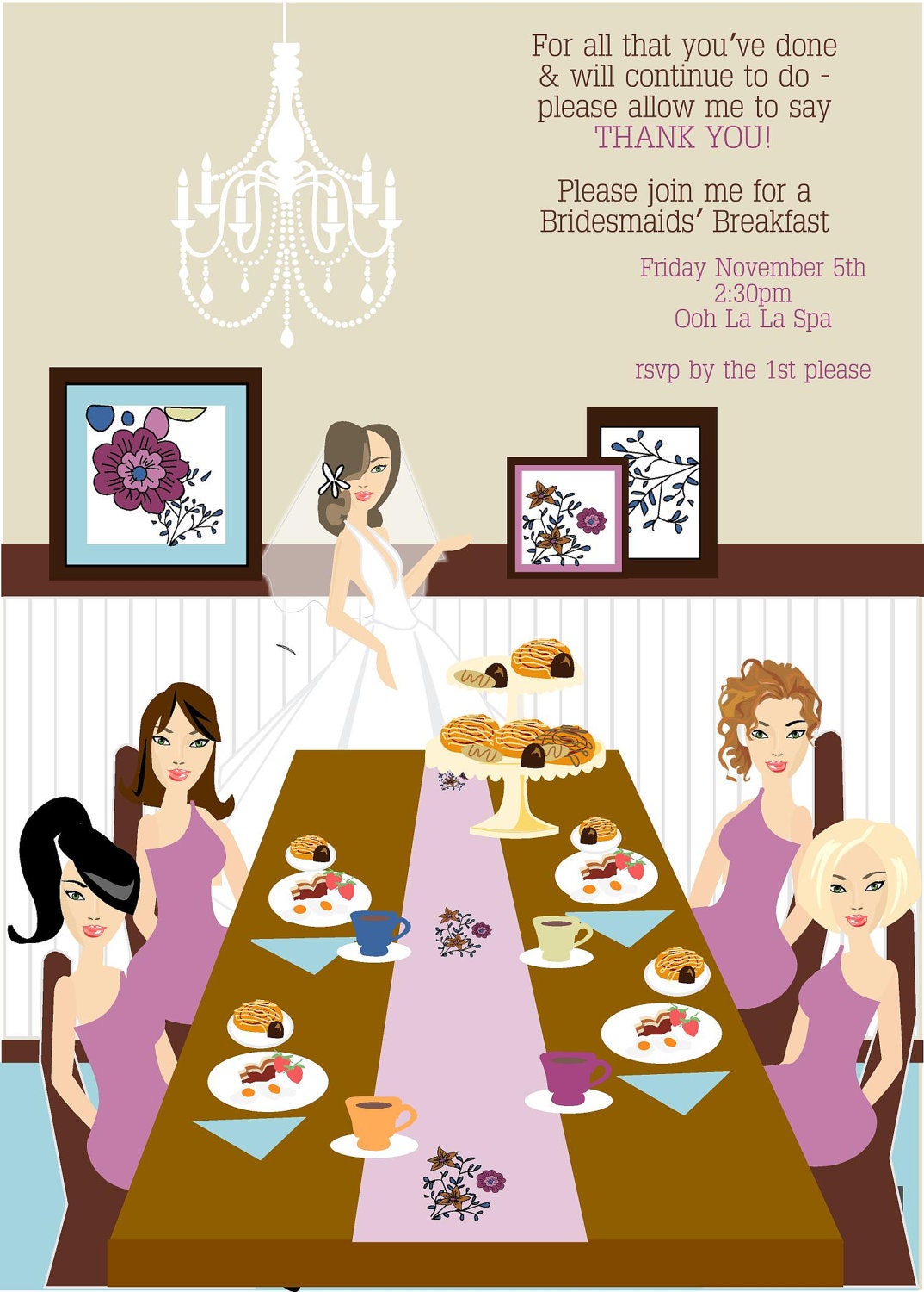 Exclusive Luxury FACES COLLECTION Modern Bridesmaid Luncheon or Rehearsal Dinner Invitation featuring Bridesmaids at a Table with Food