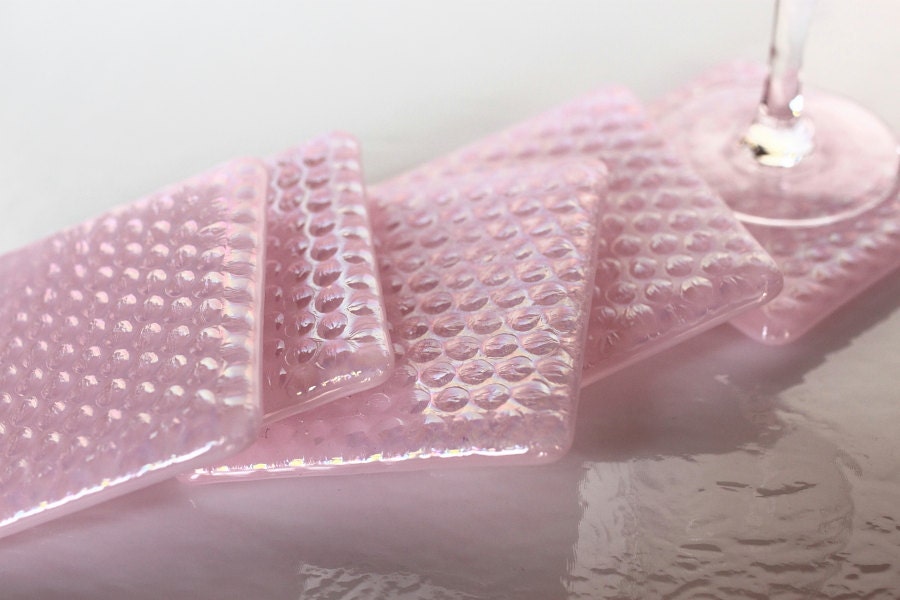 Fused Glass Coaster 5 - Pale Pink Bubbles