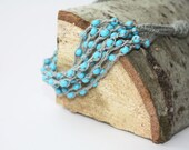 Gray linen necklace crocheted with turquoise glass beads Grey blue Rustic Boho Simple Multi Strand Made to order Free Shipping Woodland oht