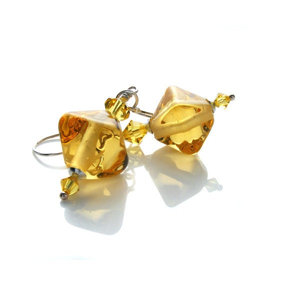 Honey Earrings. Lampwork Glass & Sterling Silver. Handcrafted Lemon Yellow Dangle Earrings