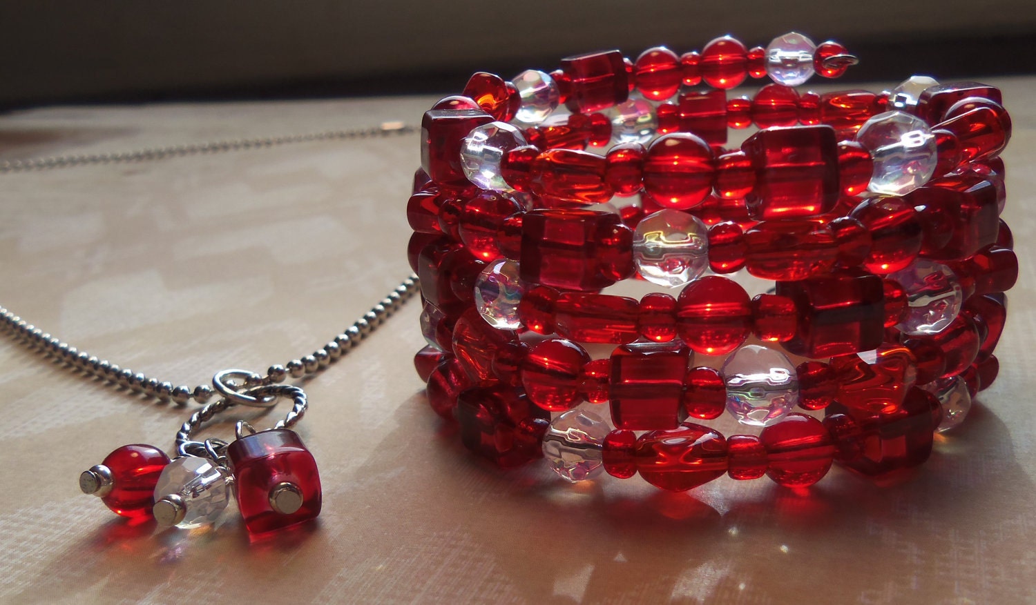 Valentine's Day: Red Beaded Memory Wire Bracelet with Matching Charm Necklace