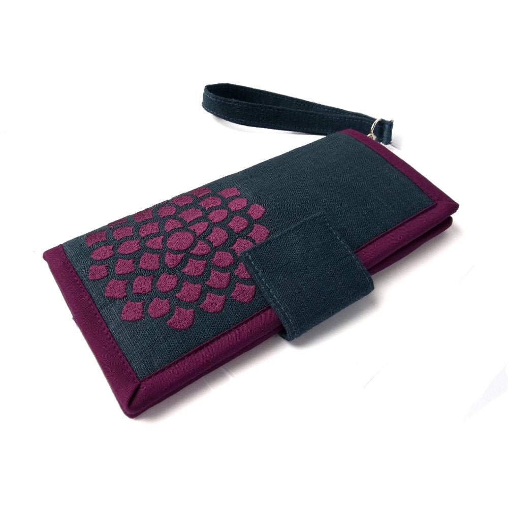 Womens long wallet / Handmade Clutch wallet / Embroidered Plum Zinnia on Denim Blue Linen