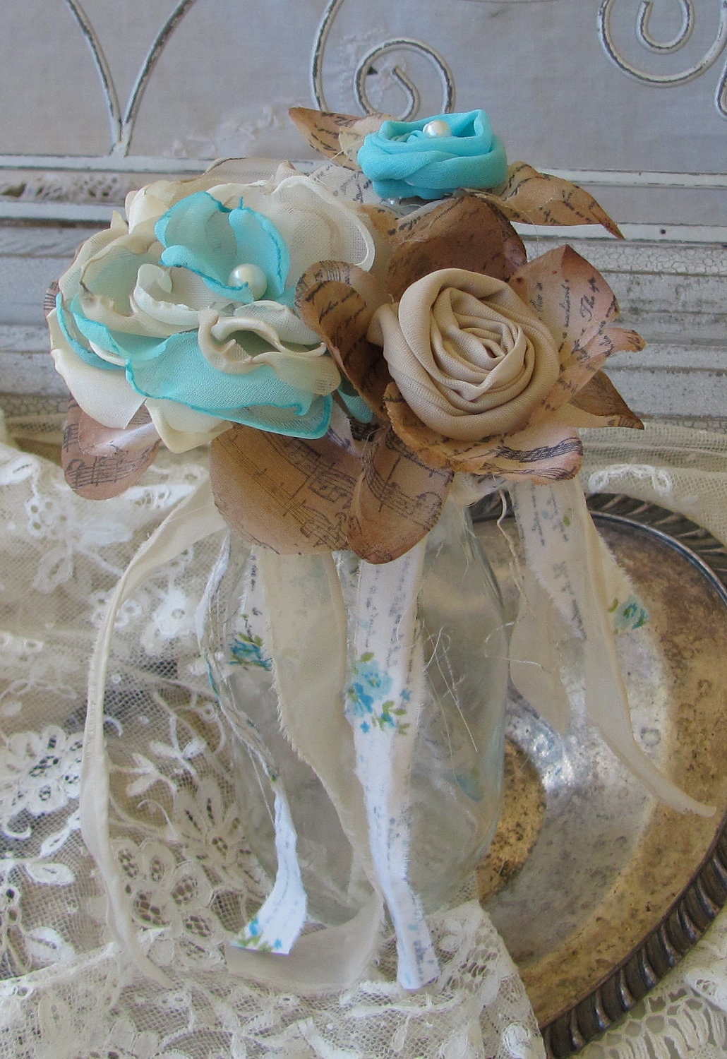 Fabric Flowers Turqouise,  Cream and Beige  Set of 3 by My Broken Art on Etsy