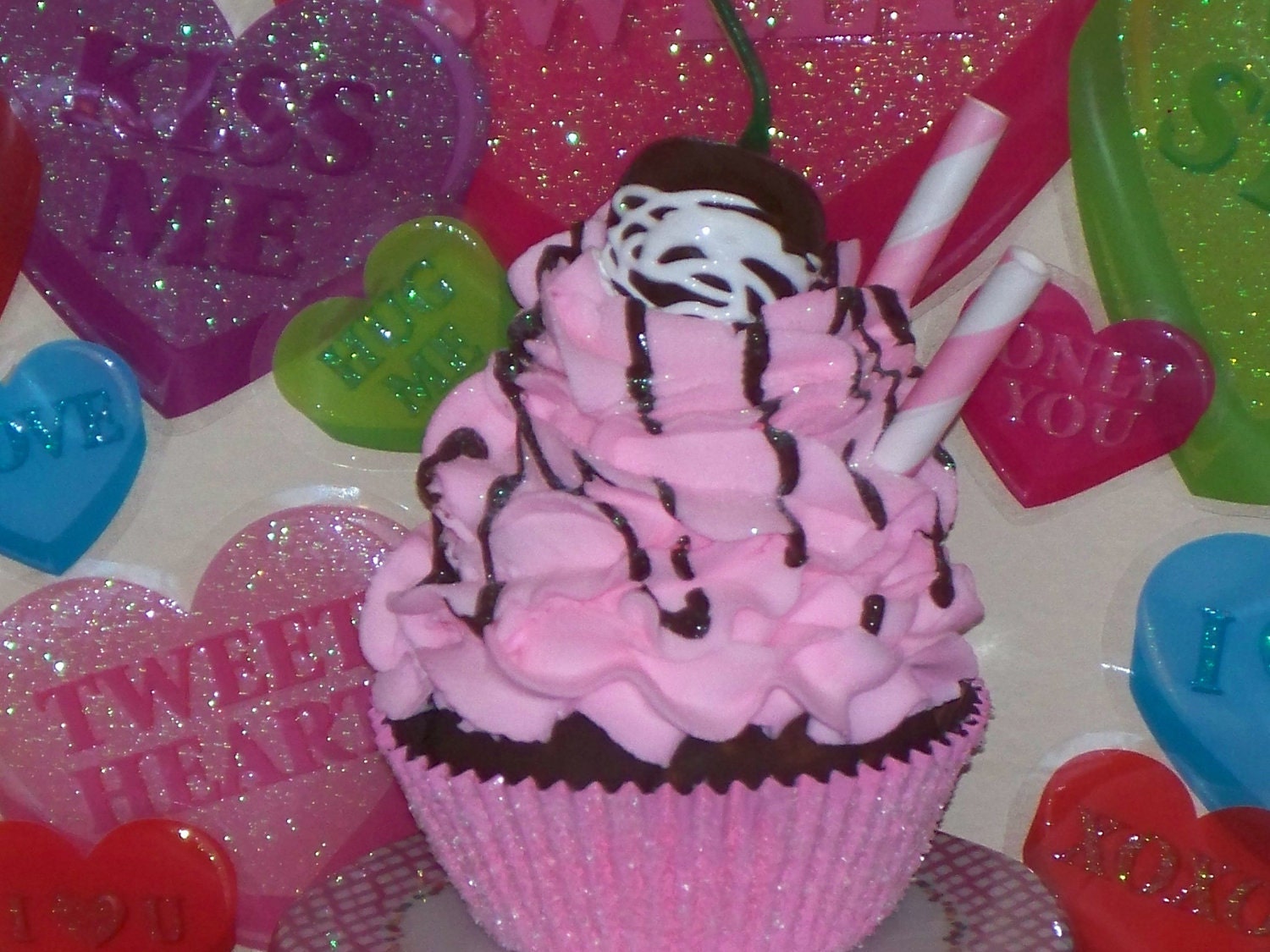 Bubblegum Pink and Chocolate FAKE CUPCAKE with "Chocolate Covered Cherry" and Straws great Photo Prop, Party Decor, Faux Cupcake Display