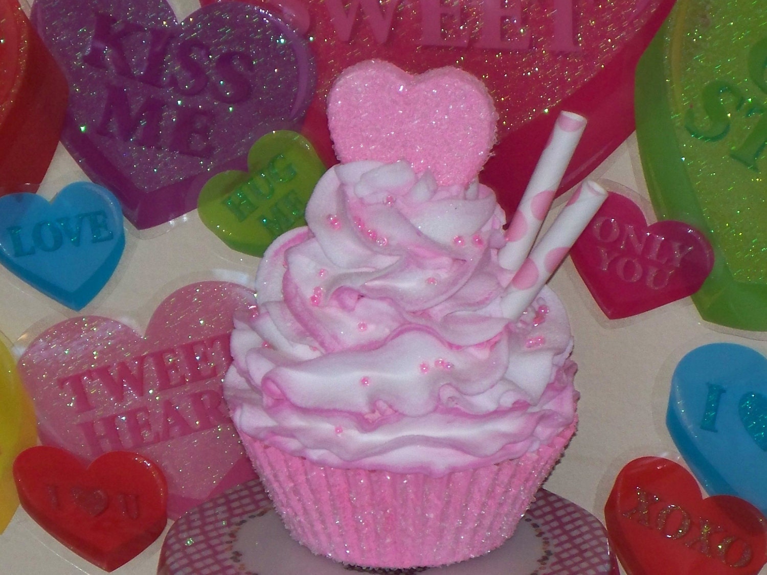 Pink and White Swirl Valentine Fake Cupcake, Fake Pink Sugary Candy Heart, Straws, great Photo Prop, Home Decor, Party Display