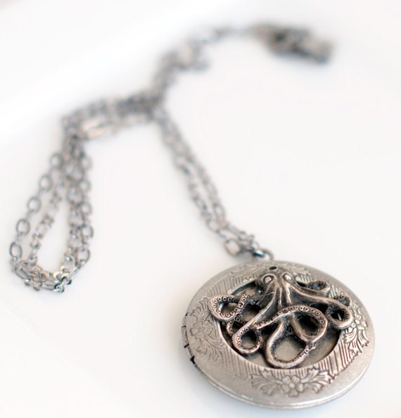 Octopus Locket Necklace Antique Silver Steampunk Locket Gunmetal Nautical