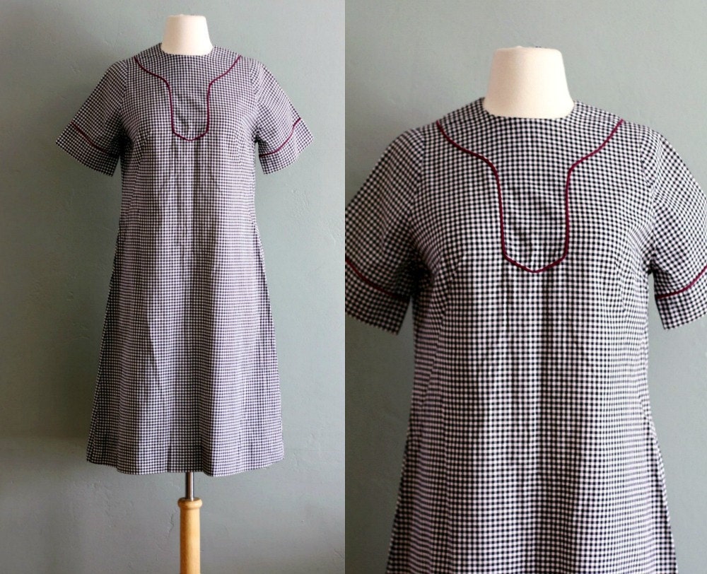 60's M/L Black and White Gingham Shift DRESS