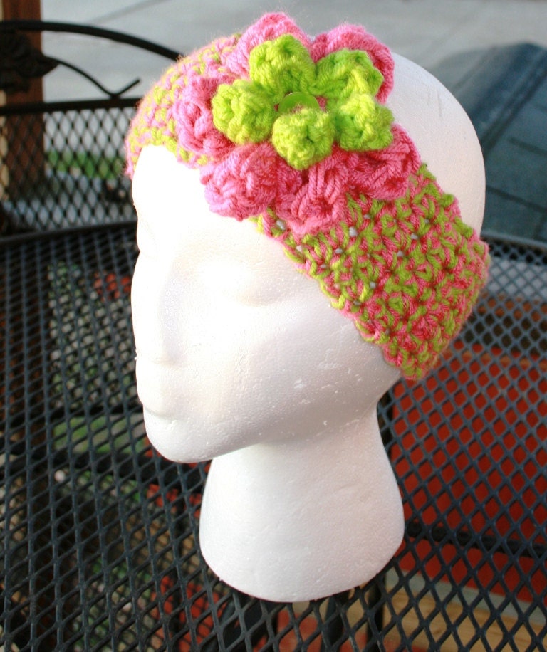 Crochet Bright Pink and Green Ear Warmer/Headband with Large Flower