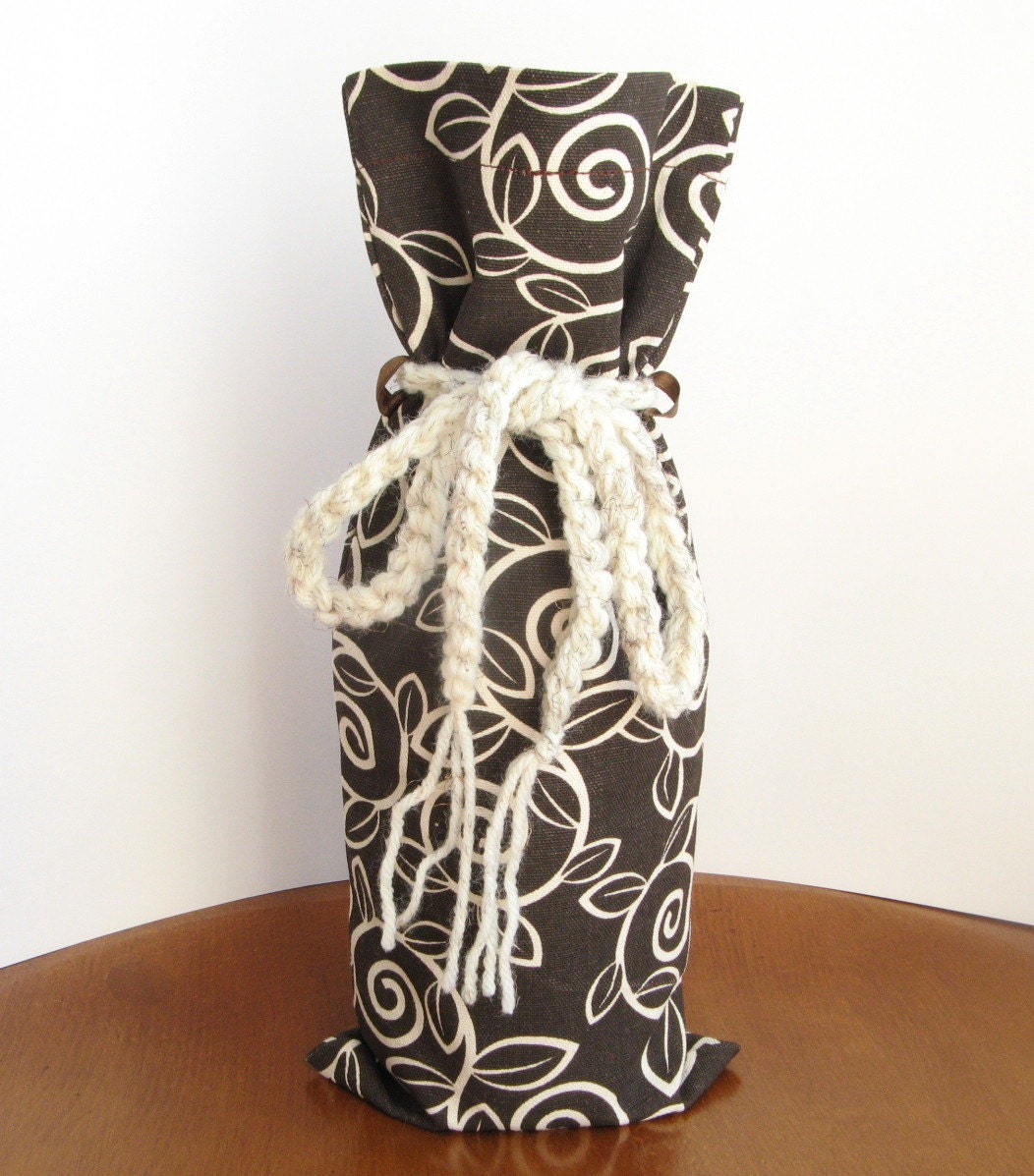 Wine Gift Bag Brown Ivory Leaves Vine Reusable