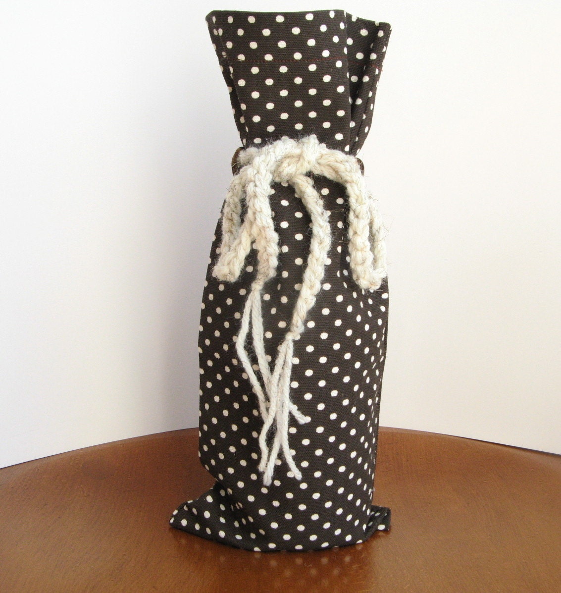 Wine Gift Bag Brown Ivory Dot Reusable