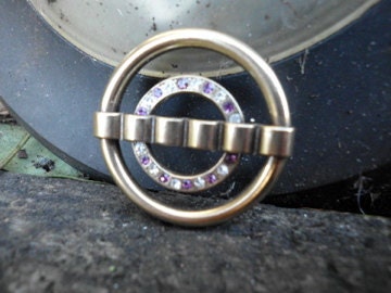 Vintage Brass Open Circle Pave Swarovski Crystal Pin Brooch