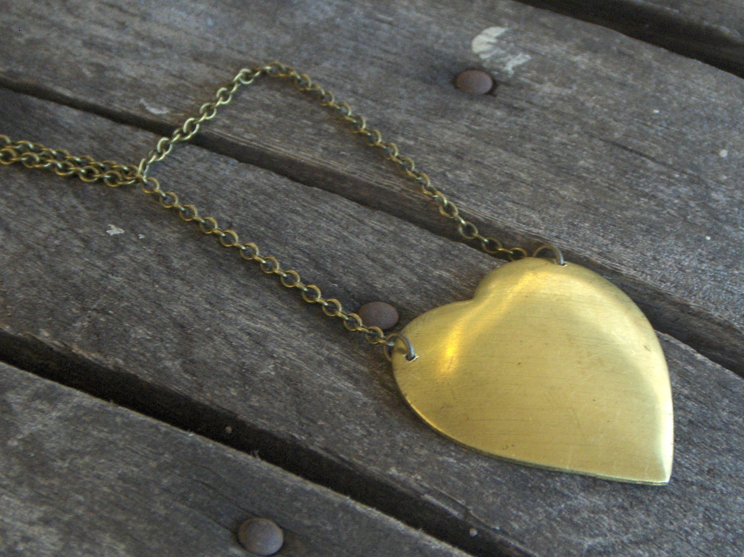 swollen heart. Vintage brushed patina brass heart necklace -valentines day
