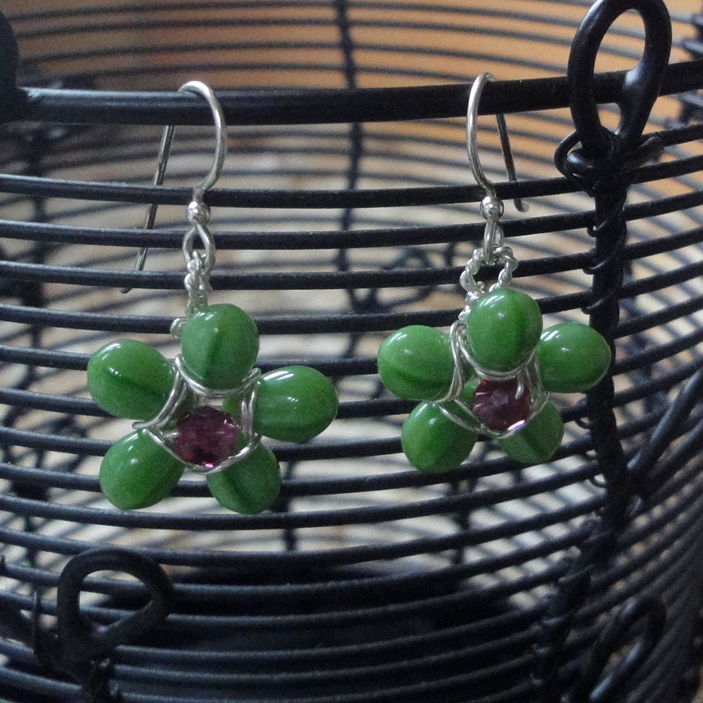 Bright Green Glass Flower Earrings with Sterling Silver Findings - Ready to Ship