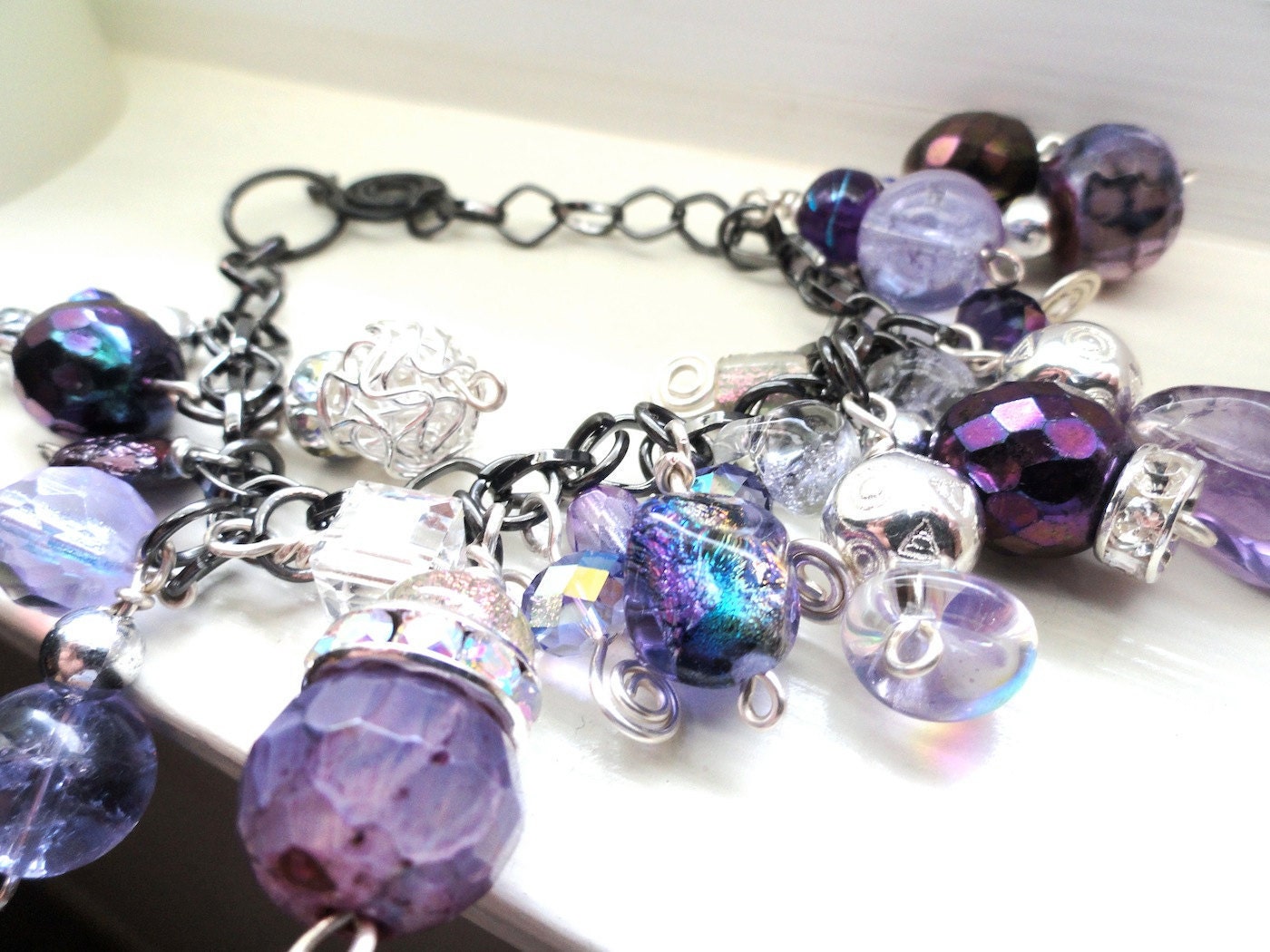 Purple Beaded Bracelet Cha Cha Charm Wire wrapped