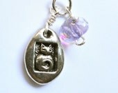 Kitten Cat Pewter Pendant with Purple Czech Bead
