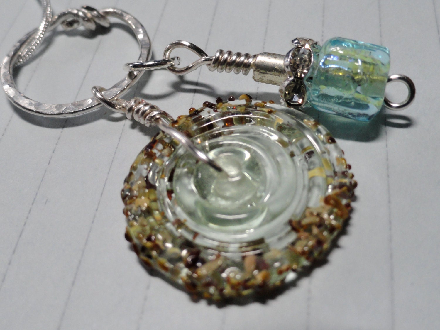 Aqua and Seaforam Lampwork Hammered Sterling Silver Pendant & Necklace
