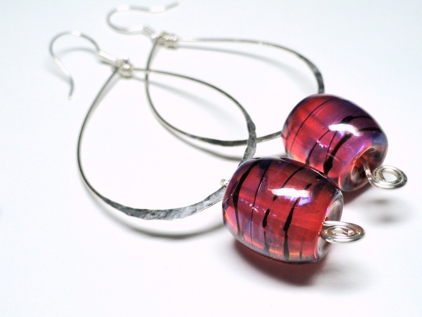 Sterling Silver Hammered Hoop Earrings with Pink Fushia Lampwork Beads