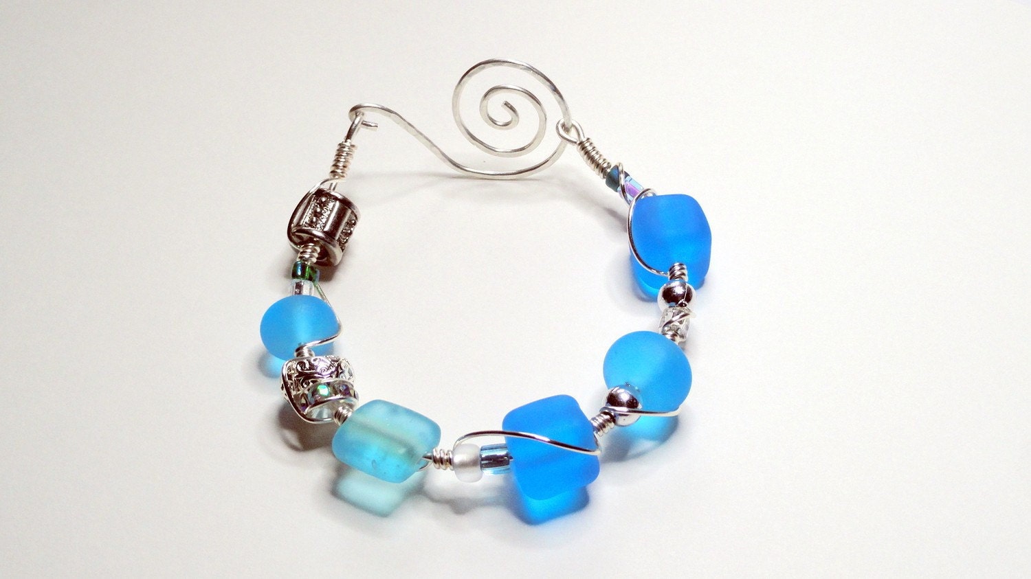 Blue Sea Glass Lampwork Bead Wire Wrapped Sterling Silver Bracelet