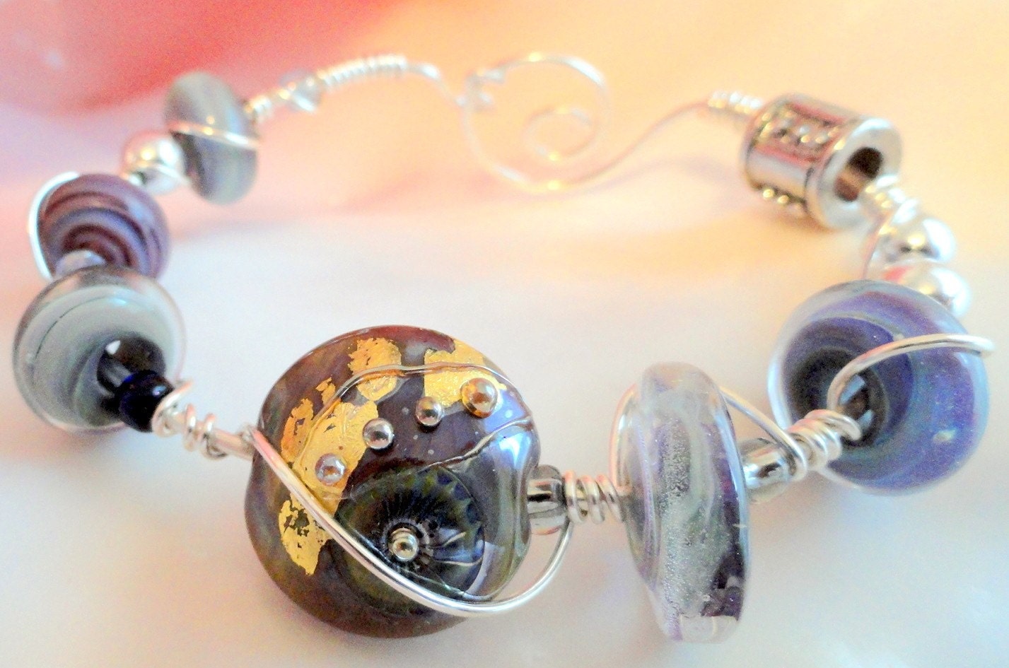 Bracelet Lavender and Gray Debbie Sanders focal bead  sterling silver wire wrapped