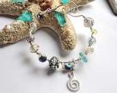Aqua Frost Dichroic Lampwork Crystal Wire Wrapped SS Bracelet