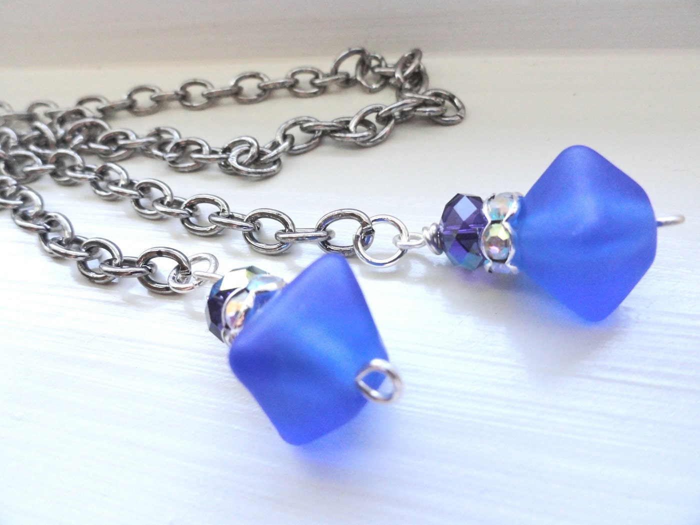 Cobalt Blue Lampwork and Purple Swarovski Crystal Lariat Necklace