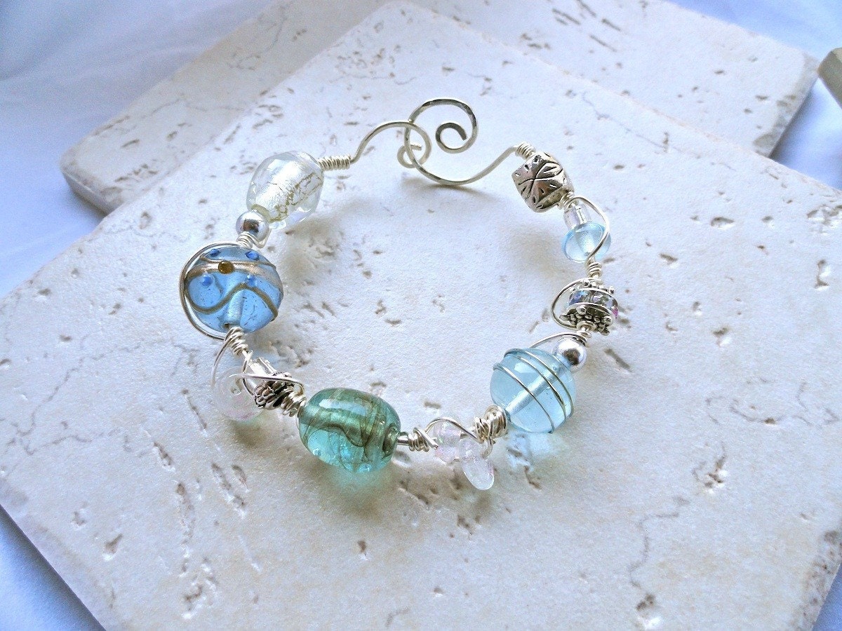 Water Colors Blue, Green and Teal Wire Wrapped Lampwork Bead Bracelet