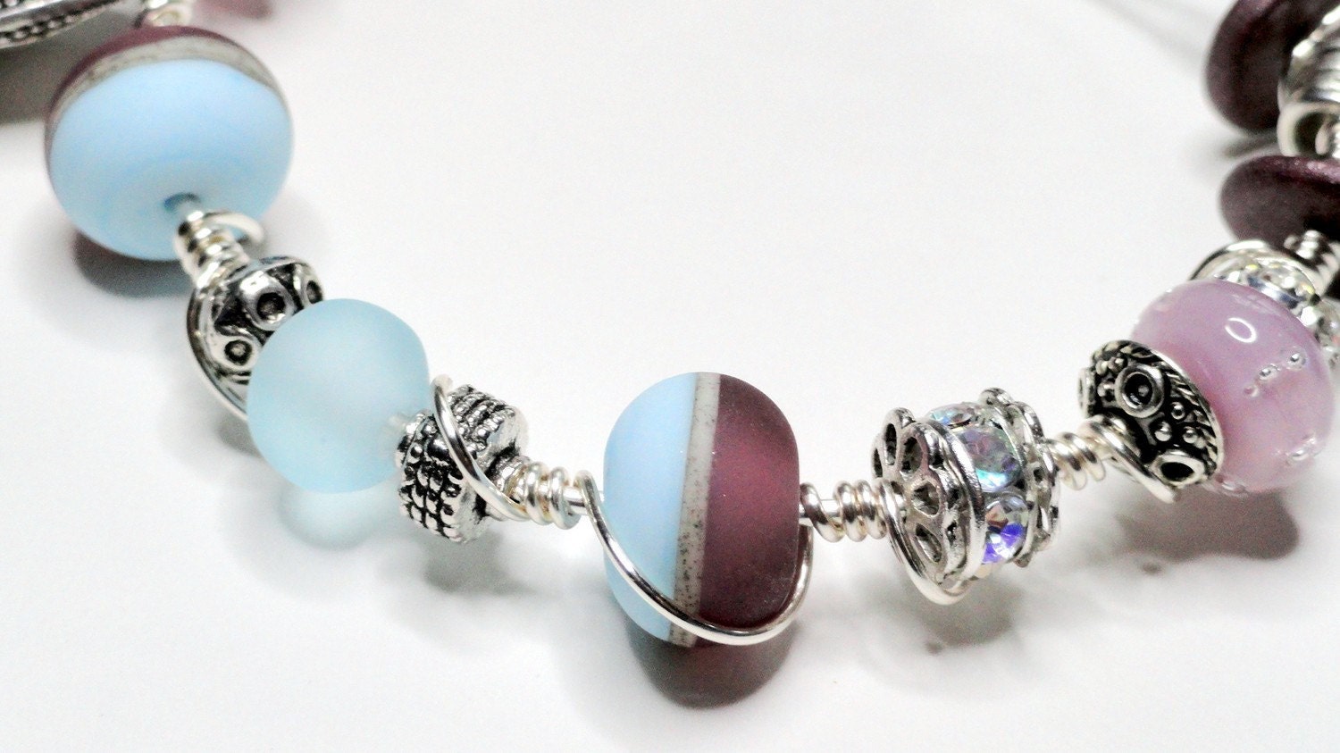 Lavender Clouds Purple and Powder Blue Lampwork Bead Wire Wrapped Bracelet