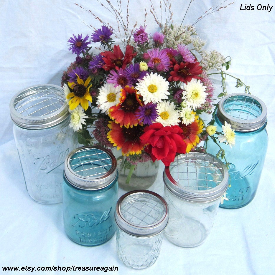 Mason Jar Flower Lid Mixed Sizes 5 Upcycled FLOWER FROG LIDS, Wide Mouth, Regular, Garden, Wedding, Centerpiece, No Jars